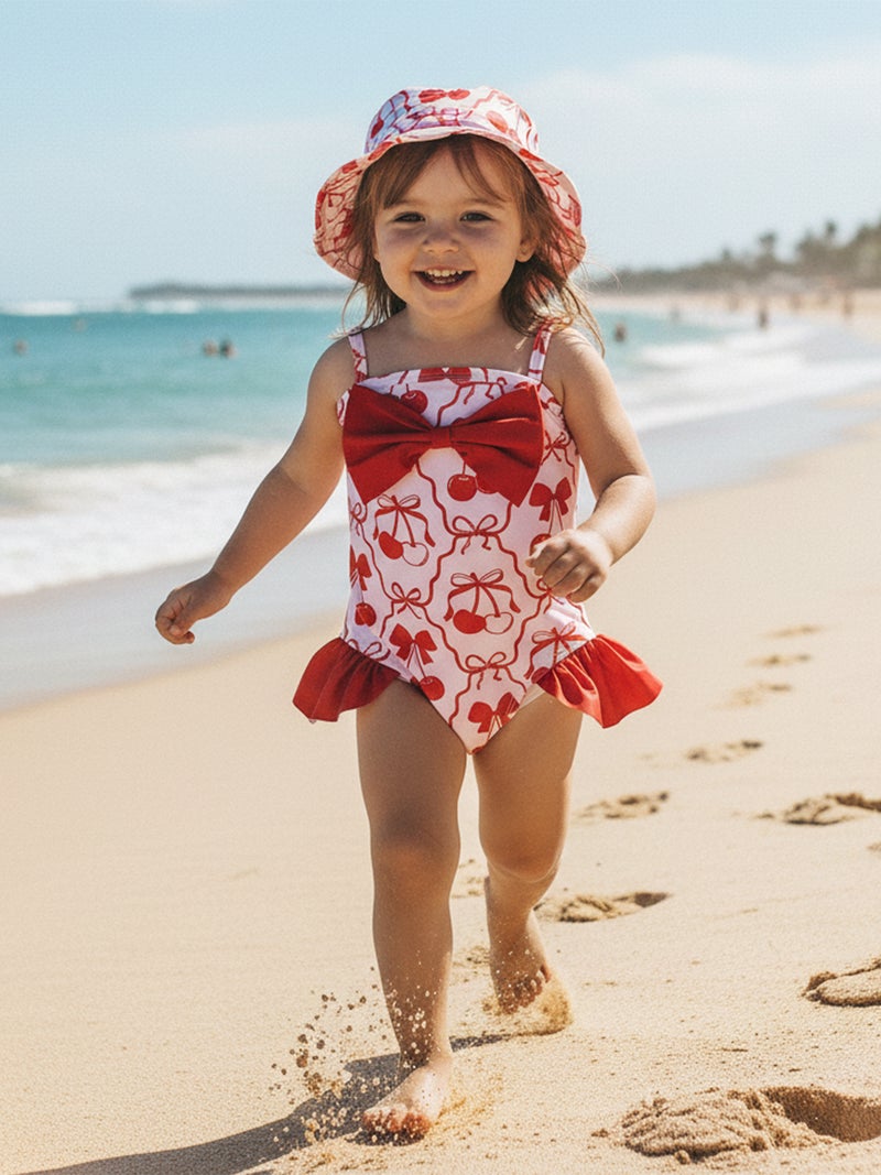 Toddler Baby Girl Swimsuit Set Flower Bow Spaghetti Strap Bathing Suit with Hat 2 Piece Set for Beach Pool - Image 3