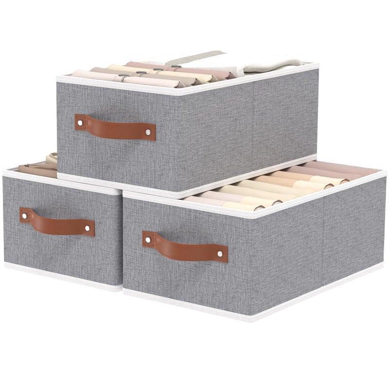 OUTBROS Cube Storage Unit Boxes, Foldable Bins for Bedrooms, Living Rooms, Shelves, Baskets With Handles, Fabric Wardrobe Organiser, Grey, 16.1 x 6.5 x 9.8 inch, 3-Pack - Image 1