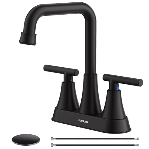 Hurran Matte Black Bathroom Sink Faucet, Hurran 4 inch Bathroom Faucets for Sink 3 Hole with Pop-up Drain and Supply Lines, Stainless Steel 2-Handle Centerset Faucet for Vanity RV Restroom - Image 1