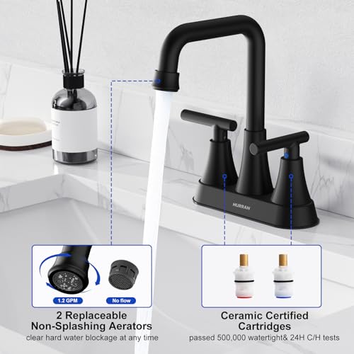Hurran Matte Black Bathroom Sink Faucet, Hurran 4 inch Bathroom Faucets for Sink 3 Hole with Pop-up Drain and Supply Lines, Stainless Steel 2-Handle Centerset Faucet for Vanity RV Restroom - Image 5