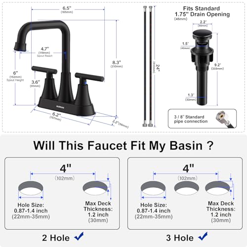 Hurran Matte Black Bathroom Sink Faucet, Hurran 4 inch Bathroom Faucets for Sink 3 Hole with Pop-up Drain and Supply Lines, Stainless Steel 2-Handle Centerset Faucet for Vanity RV Restroom - Image 2