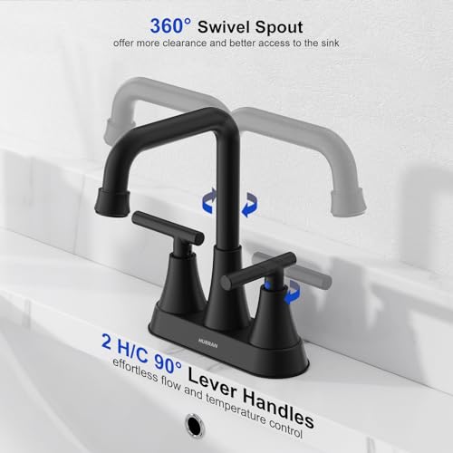 Hurran Matte Black Bathroom Sink Faucet, Hurran 4 inch Bathroom Faucets for Sink 3 Hole with Pop-up Drain and Supply Lines, Stainless Steel 2-Handle Centerset Faucet for Vanity RV Restroom - Image 4