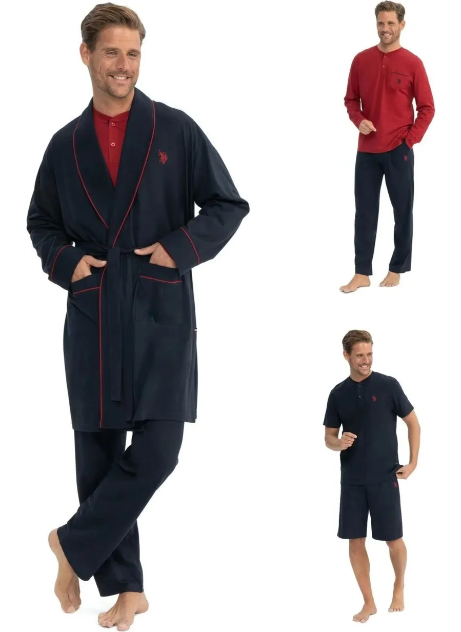 يو اس بولو اسن 12040 Men's 5-Piece Dressing Gown Pajama Set-Navy Blue