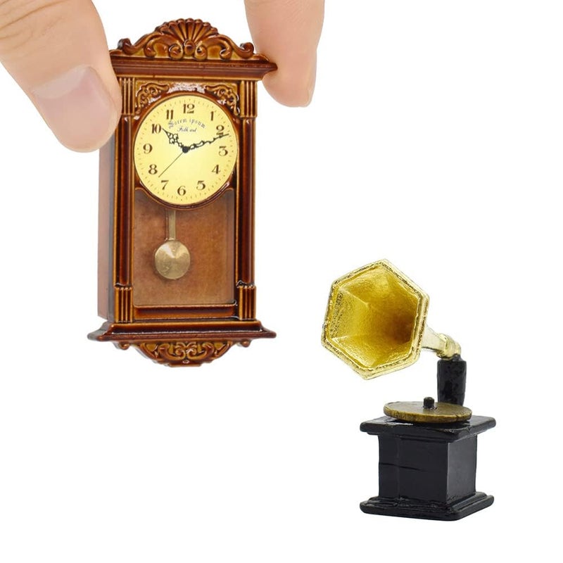 iLAND Miniature Dollhouse Accessories on 1:12 Scale, Grandfather Wall Clock and Record Player, elf Accessories - Image 1