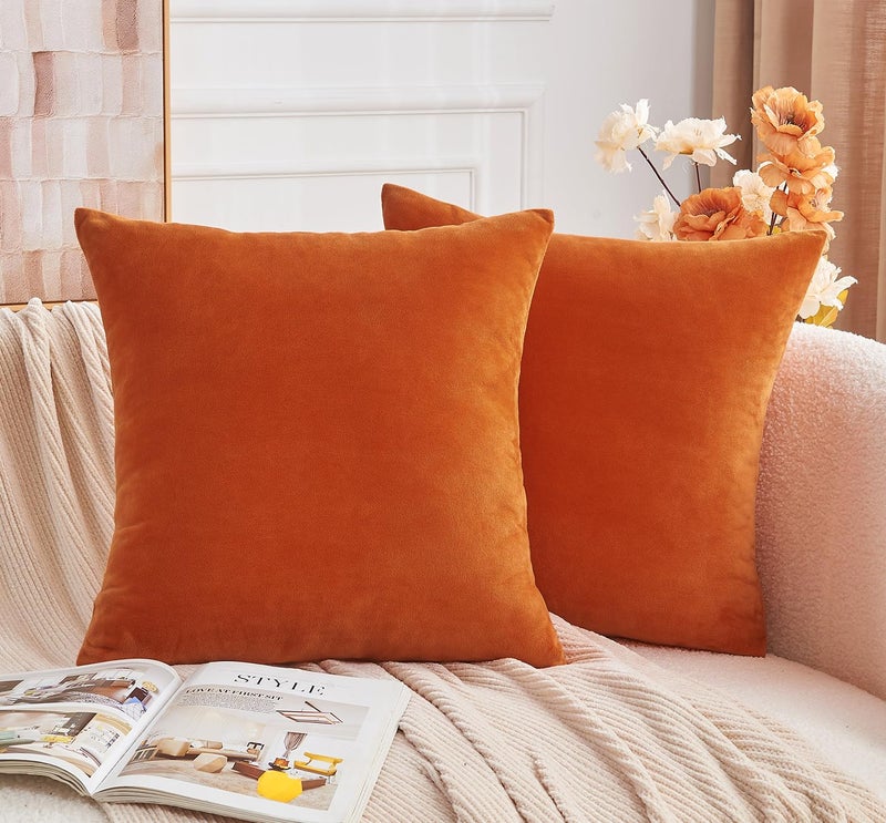 GriNeed Throw Pillow Covers Burnt Orange Set of 2 18x18 Inch Fall Pillow Covers, Soft Velvet Farmhouse Neutral Decorative Pillowcases for Couch Sofa Bed, Home Boho Decor, Modern Cushion Covers - Image 1