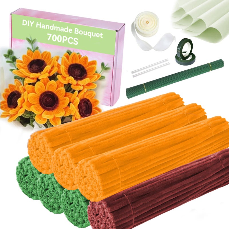 QABCYTA Pipe Cleaners,DIY Flower Bouquet Kit700pcs (Orange,Green,Brown) Sunflower Chenille Stems Kit, Flower Making Craft Materials(32Flowers),Art and Craft Supplies - Image 1