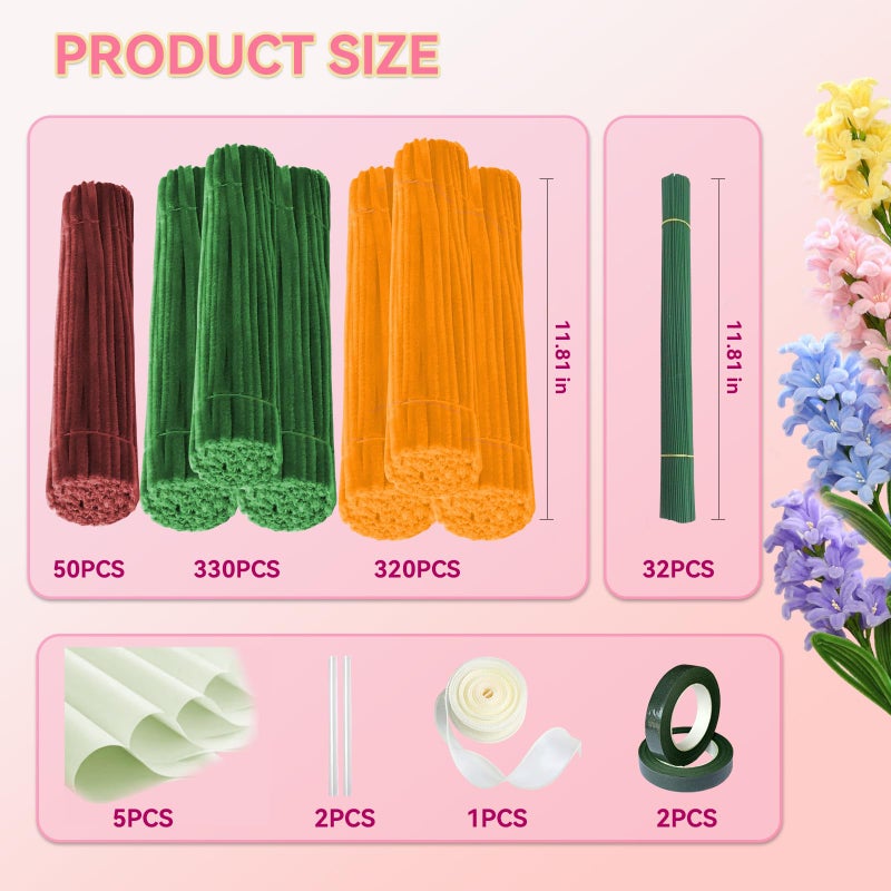 QABCYTA Pipe Cleaners,DIY Flower Bouquet Kit700pcs (Orange,Green,Brown) Sunflower Chenille Stems Kit, Flower Making Craft Materials(32Flowers),Art and Craft Supplies - Image 2