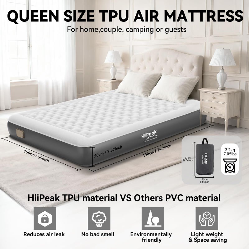 HiiPeak Queen Air Mattress Bed with Removable Multi-function Air Pump, Self Inflatable TPU ECO Blow Up Bed, All Night Stability No Lost Air, No Peculiar Smell for Camping, Home, Guests Portable Travel - Image 5