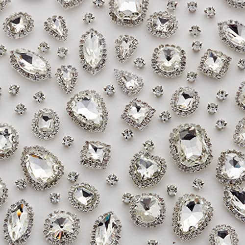 TANOSII Sew on Rhinestones 100 PCS Mixed Shapes Glass Rhinestones Sew on Crystal Gems Mental Flatback with Silver Claw for Jewelry Crafts Clothes Shoes Costume Garment White Type 1 - Image 1