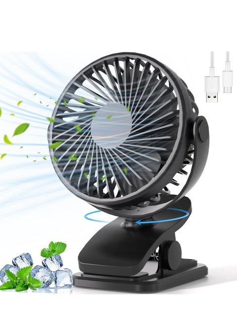 Portable Clip on Fan, 360° Rotate Battery Operated Stroller Fan, 3 Speed Quiet Mini Personal Desk Fan, USB Rechargeable Clooing Fan,Black