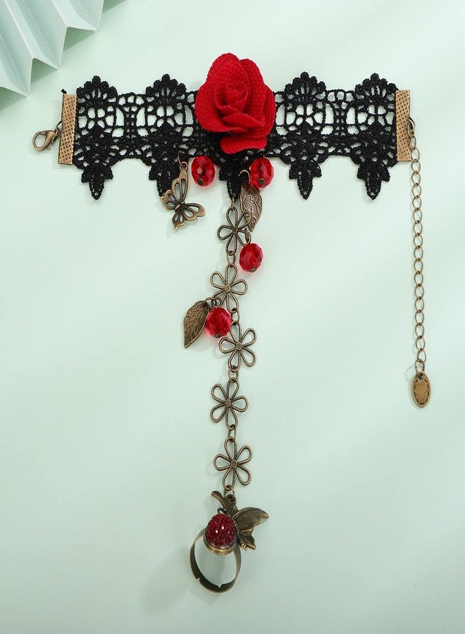Xerling Red Rose Flower Finger Ring Bracelets Vintage Hand Chains Black Boho Victorian Costume Ribbon Bracelets Crystal Beads Tassel Hand Harness Bracelets for Women - Image 5