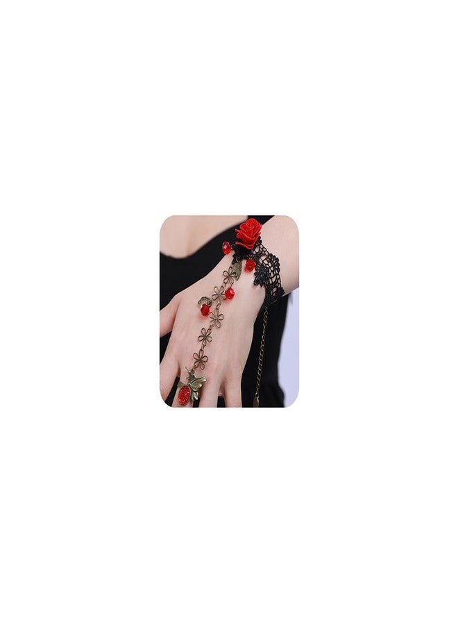 Xerling Red Rose Flower Finger Ring Bracelets Vintage Hand Chains Black Boho Victorian Costume Ribbon Bracelets Crystal Beads Tassel Hand Harness Bracelets for Women - Image 1