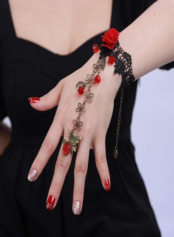 Xerling Red Rose Flower Finger Ring Bracelets Vintage Hand Chains Black Boho Victorian Costume Ribbon Bracelets Crystal Beads Tassel Hand Harness Bracelets for Women - Image 2