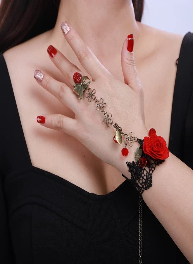 Xerling Red Rose Flower Finger Ring Bracelets Vintage Hand Chains Black Boho Victorian Costume Ribbon Bracelets Crystal Beads Tassel Hand Harness Bracelets for Women - Image 3