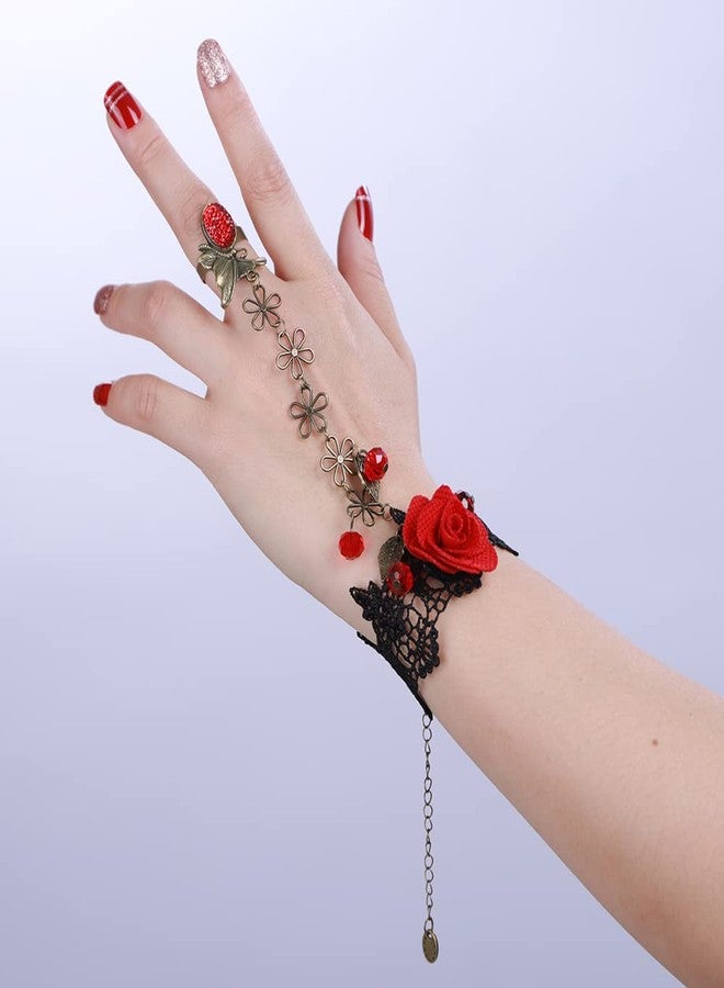 Xerling Red Rose Flower Finger Ring Bracelets Vintage Hand Chains Black Boho Victorian Costume Ribbon Bracelets Crystal Beads Tassel Hand Harness Bracelets for Women - Image 4