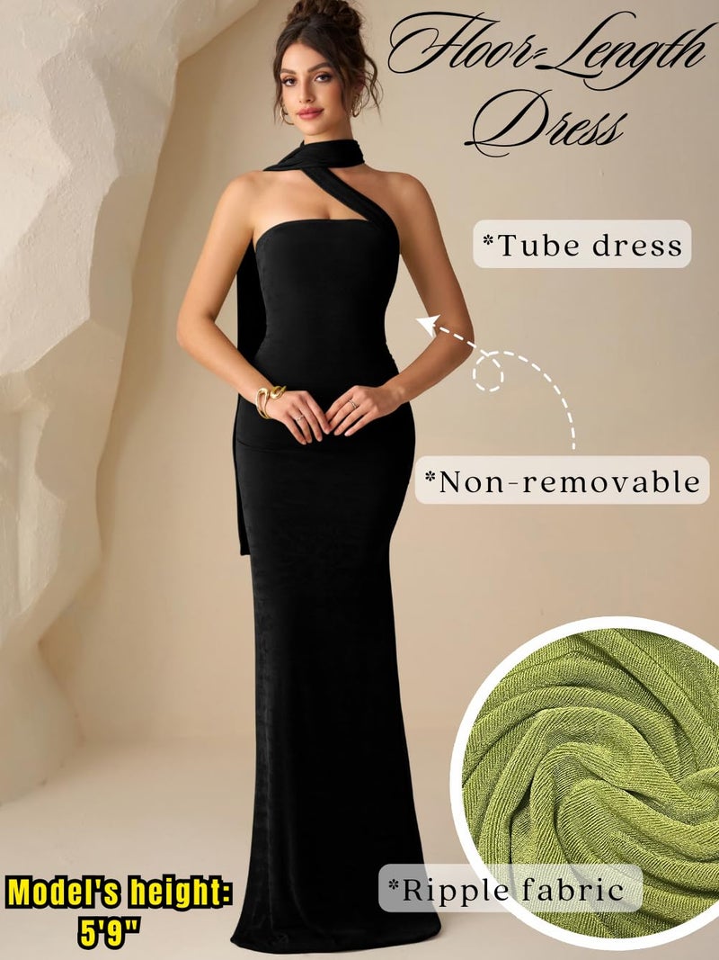 ShawGobow Strapless Dress with Scarf,Long Formal Dresses for Women,Elegant Cocktail Wedding Guest Outfits Black X-Small - Image 3