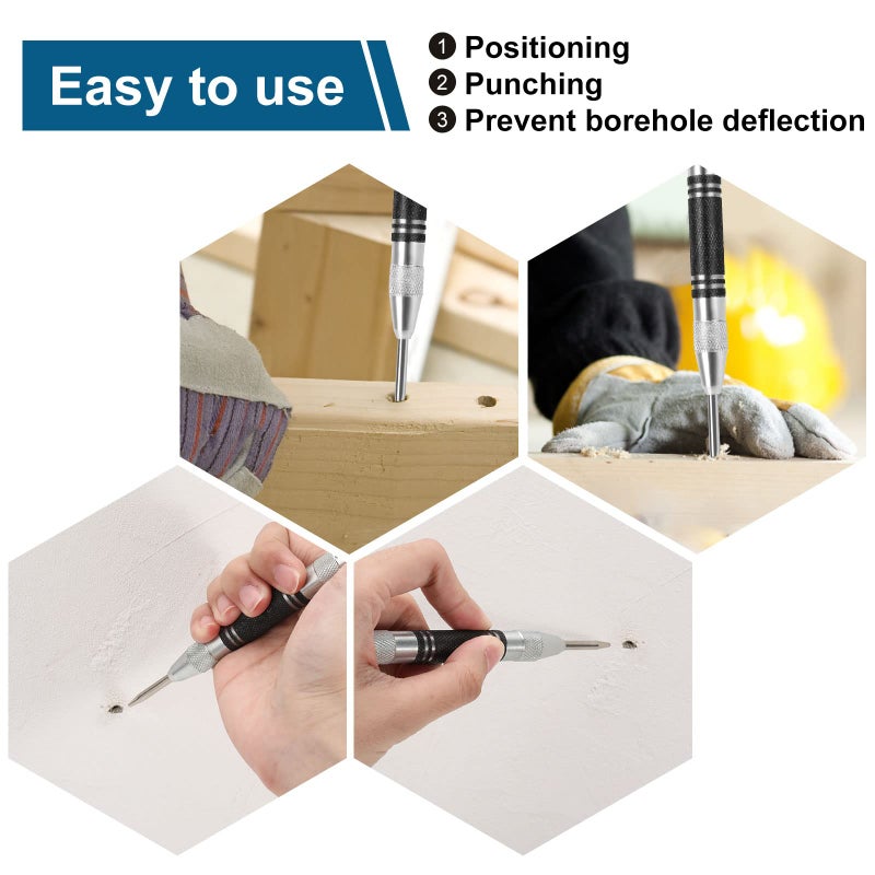 karmiero 2Pcs Heavy Duty Automatic Center Punch  5'' Premium Steel Spring Loaded Center Hole Punch  Adjustable Spring Impact Center Marker Scriber Tool For Metel  Plastics  Wood  Glass By Karmiero - Image 5