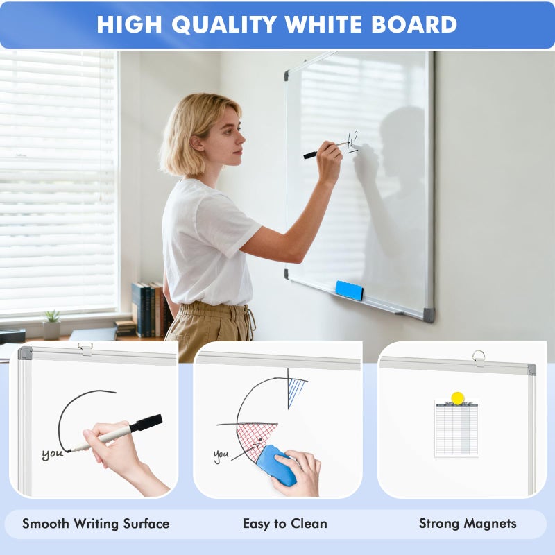 WALGLASS لوحة بيضاء مزدوجة الجوانب من WALGLASS، 24" × 18" لوحة مسح جاف مغناطيسية للجدار، لوحة معلقة بإطار ألمنيوم فضي للمنزل، المدرسة، المكتب، المطبخ - Image 3