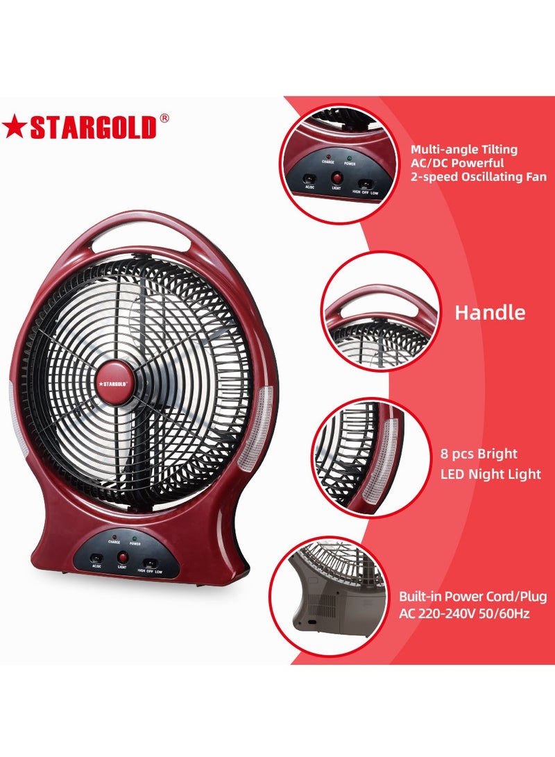 ستارجولد مروحة قابلة لإعادة الشحن 12 بوصة AC / DC تتأرجح مروحة 22 وات مع 8 قطع إضاءة LED فائقة السطوع - Image 3