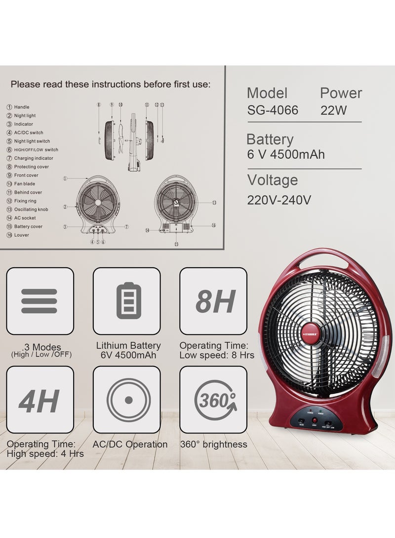 ستارجولد مروحة قابلة لإعادة الشحن 12 بوصة AC / DC تتأرجح مروحة 22 وات مع 8 قطع إضاءة LED فائقة السطوع - Image 4