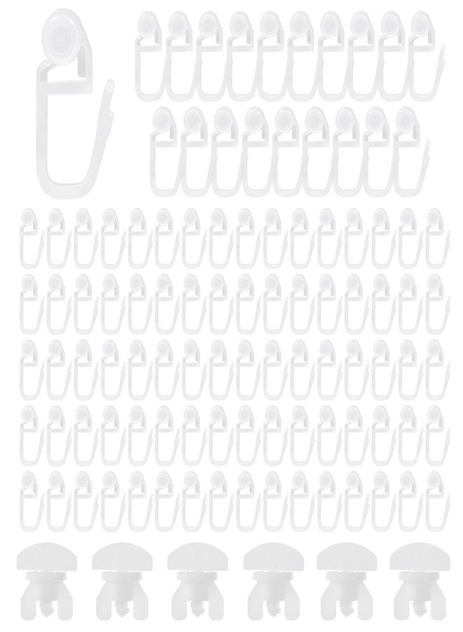 Quacc Curtain Track Gliders Set - 100 Glider Hooks and 6 Locks, Plastic Curtain Roller Accessories for Windows, Doors, Shower Curtains (White) - Image 1