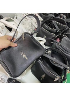 Krueber Swann European Style Yang Geo Nana Crossbody Bag Chain Heart Shaped Top Layer Cow Leather Soft Crossbody Bag Medium Size Black silver buckle-CROX core