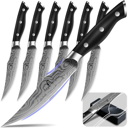 CoquusAid Steak Knives Set of 6, 4.8 Inch Non Serrated Razor-Sharp Durable Dinner knives with Rest, German Stainless Steel Damascus Pattern Full Tang Forged, Rust Resistant & Easy to Maintain - Image 1