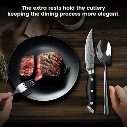 CoquusAid Steak Knives Set of 6, 4.8 Inch Non Serrated Razor-Sharp Durable Dinner knives with Rest, German Stainless Steel Damascus Pattern Full Tang Forged, Rust Resistant & Easy to Maintain - Image 5