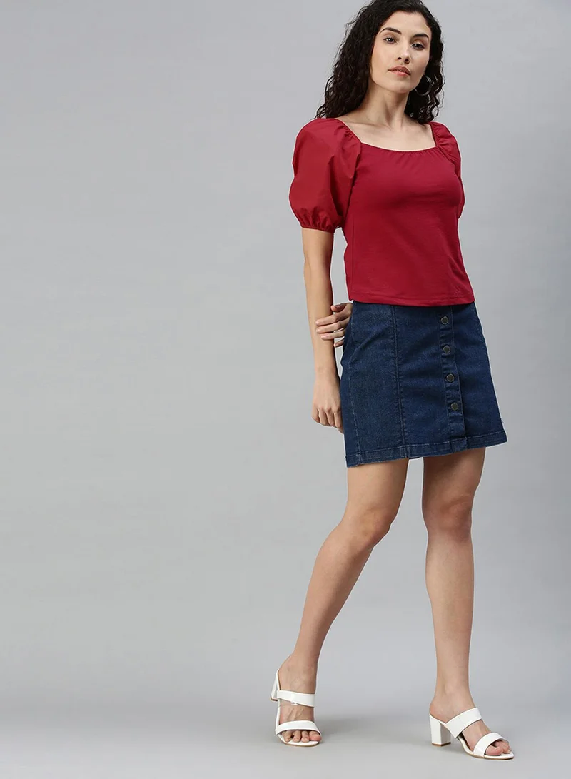 بينيا كولادا PINACOLADA Women's Solid Red Regular Fit Top For Casual Wear | Square Neck | Short Sleeve | Top Crafted With Regular Sleeve, Comfort Fit & High-Performance For Everyday Wear