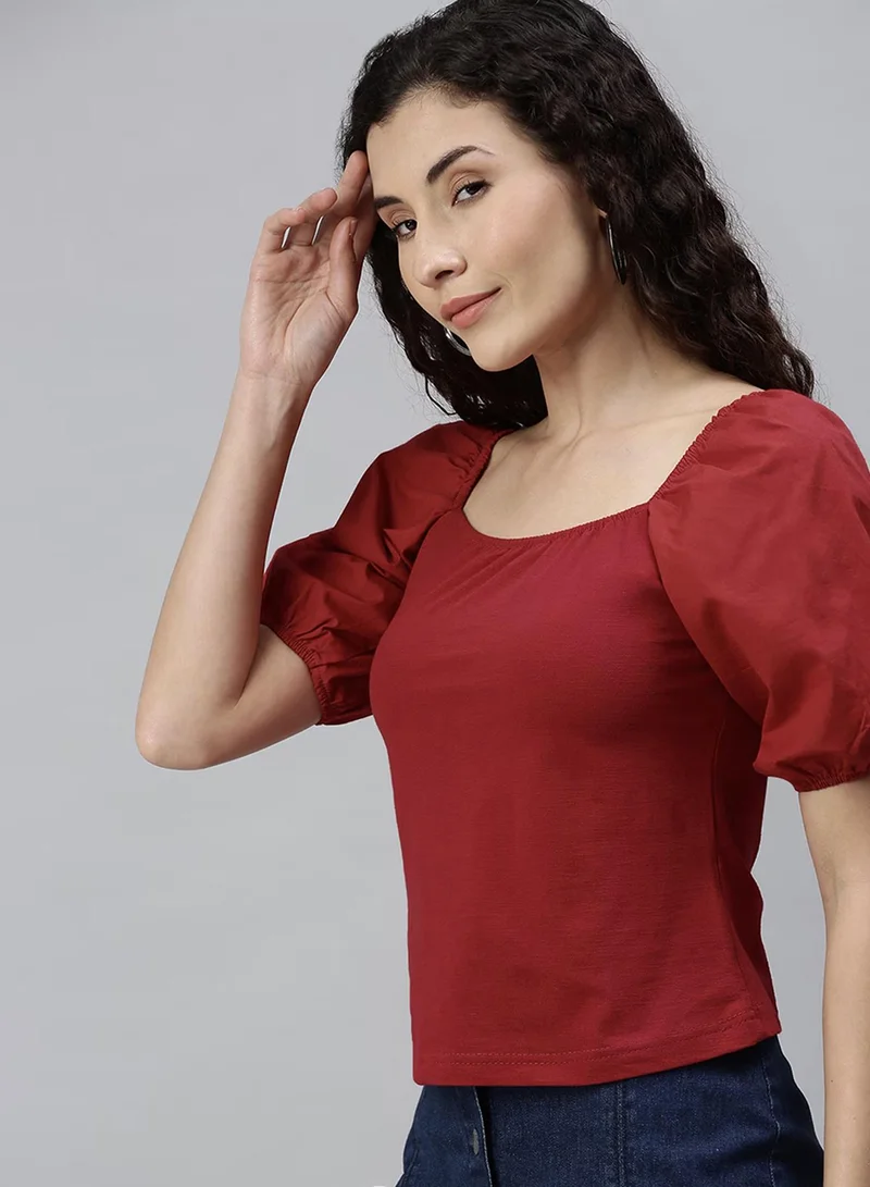 بينيا كولادا PINACOLADA Women's Solid Red Regular Fit Top For Casual Wear | Square Neck | Short Sleeve | Top Crafted With Regular Sleeve, Comfort Fit & High-Performance For Everyday Wear