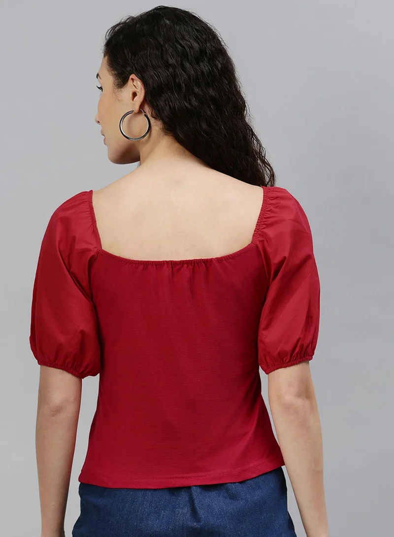بينيا كولادا PINACOLADA Women's Solid Red Regular Fit Top For Casual Wear | Square Neck | Short Sleeve | Top Crafted With Regular Sleeve, Comfort Fit & High-Performance For Everyday Wear