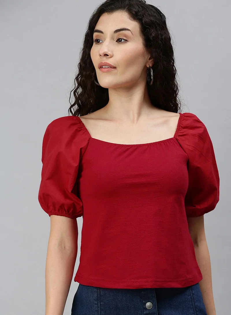 بينيا كولادا PINACOLADA Women's Solid Red Regular Fit Top For Casual Wear | Square Neck | Short Sleeve | Top Crafted With Regular Sleeve, Comfort Fit & High-Performance For Everyday Wear
