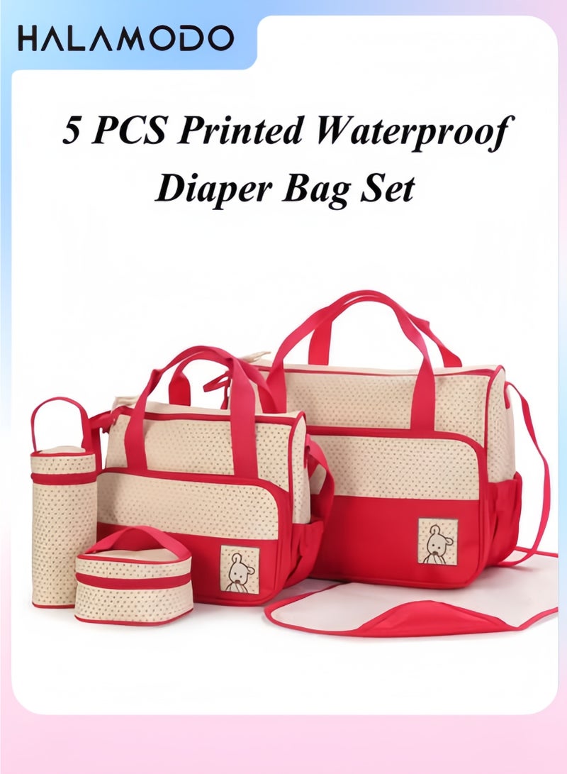 Halamodo 5-Piece Waterproof Diaper Bag Set Including Large and Medium Tote Bags Bottle Bag Changing Mat Perfect for Mom’s Travel and Daily Use Practical Fashionable Design - Image 1