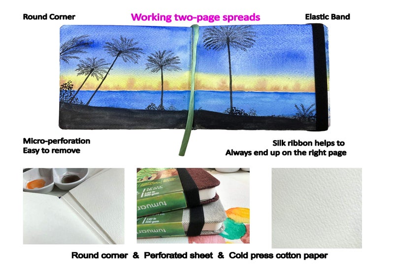 tumuarta Square Watercolor Journal, 8.25x8.25”, 140 LB, 300 GSM, 25% Cotton, Cold Press, 24 Sheets, 48 Pages, Watercolor Paper Sketchbooks for Use As Travel Mixed Media Pads Plein Air Set - Image 3
