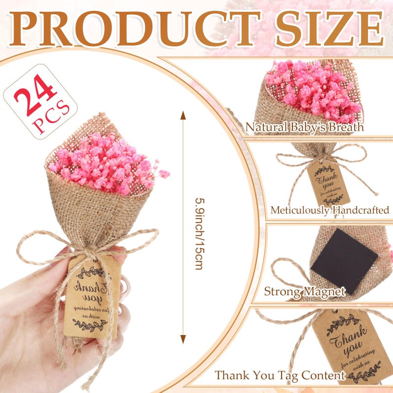 Kingdder 24 Pcs Mini Magnet Dried Flower Bouquets Baby Shower Favors for Guests Rustic Babys Breath Bridal Shower Wedding Baptism Favors with Thank You Cards Return Gifts Wedding Souvenir(Pink) - Image 2