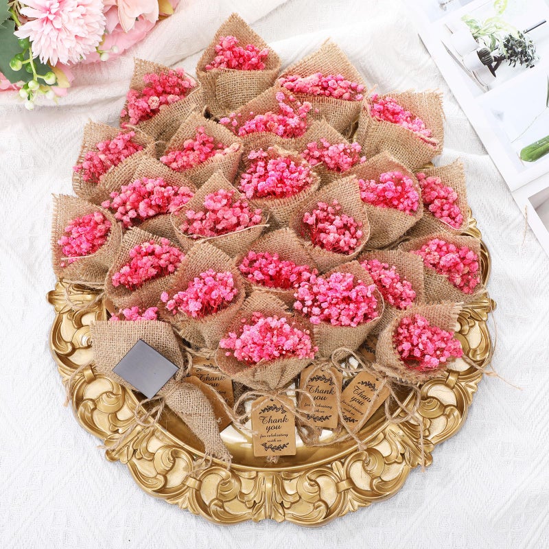 Kingdder 24 Pcs Mini Magnet Dried Flower Bouquets Baby Shower Favors for Guests Rustic Babys Breath Bridal Shower Wedding Baptism Favors with Thank You Cards Return Gifts Wedding Souvenir(Pink) - Image 1