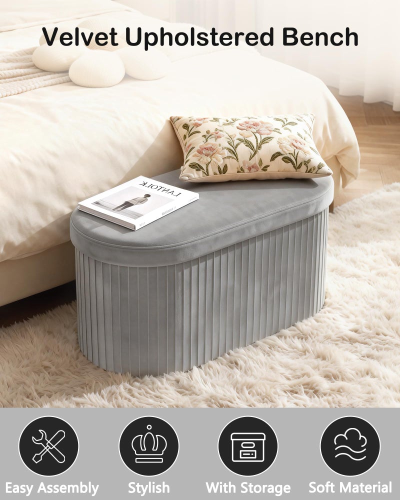 GLAXYFUR Oval Storage Ottoman Bench, Velvet Foot Rest, 30 Inch Folding Chest for Living Room, Bedroom, Grey - Image 3