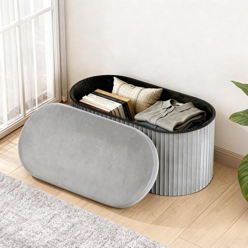 GLAXYFUR Oval Storage Ottoman Bench, Velvet Foot Rest, 30 Inch Folding Chest for Living Room, Bedroom, Grey - Image 1