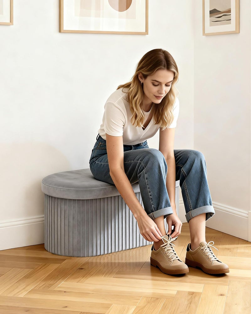 GLAXYFUR Oval Storage Ottoman Bench, Velvet Foot Rest, 30 Inch Folding Chest for Living Room, Bedroom, Grey - Image 5