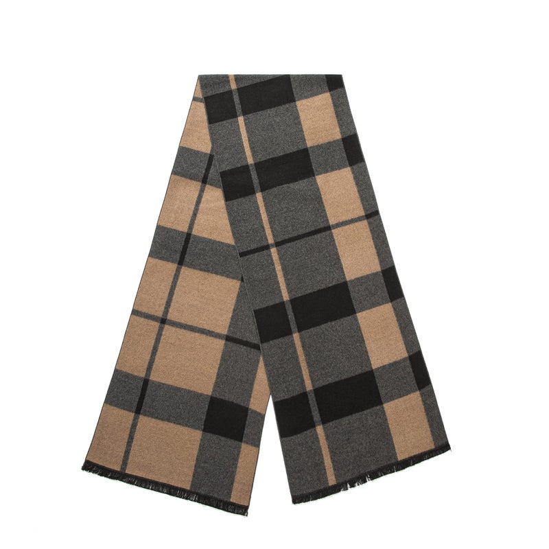Lindoro Men's Cozy Tartan Check Merino Wool Scarf, Long Warm Lightweight Winter Classic Scarves w/Gift Box (Camel Black Checked) - Image 1