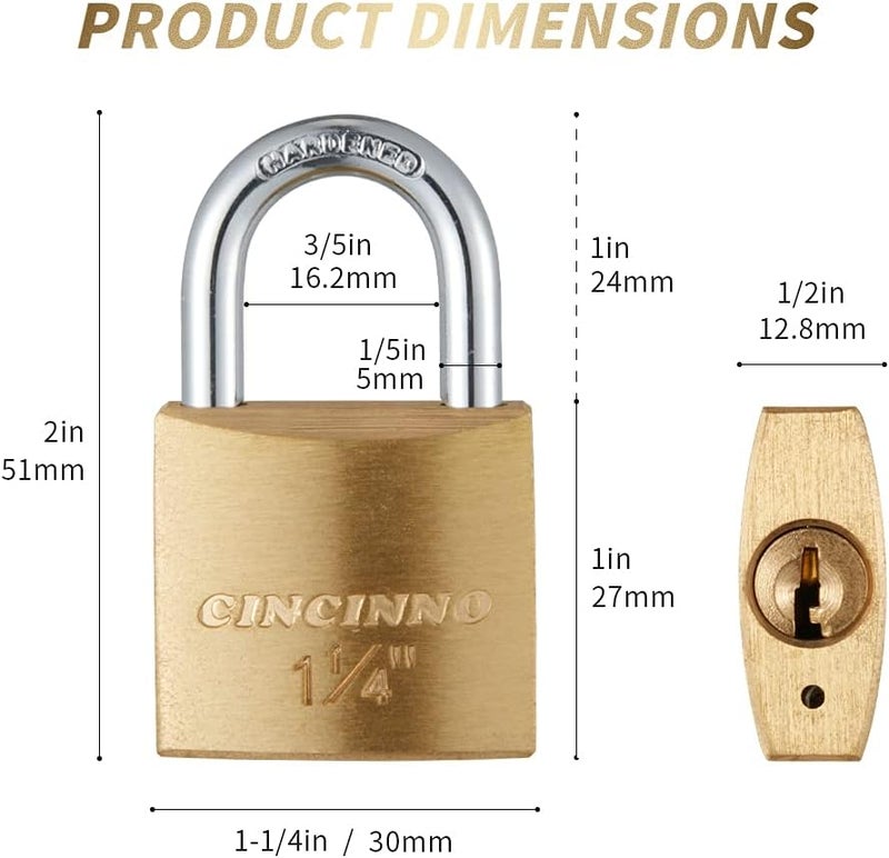 CINCINNO 12Pack Small Solid Brass Locks Keyed Alike，1-1/4” (30mm) Wide Lock Body, 1/5” Shackle Diameter Padlocks with Key - Image 2