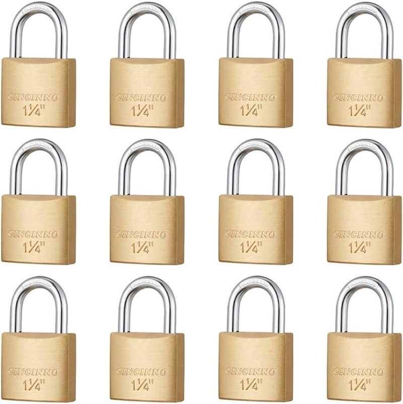 CINCINNO 12Pack Small Solid Brass Locks Keyed Alike，1-1/4” (30mm) Wide Lock Body, 1/5” Shackle Diameter Padlocks with Key - Image 1