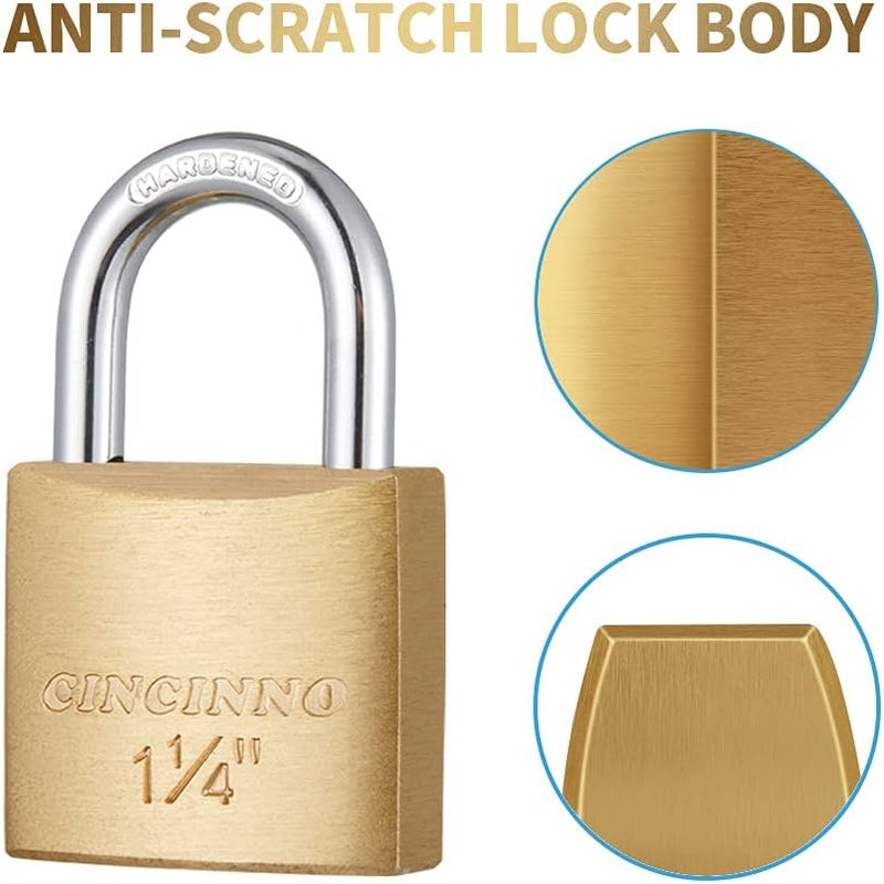 CINCINNO 12Pack Small Solid Brass Locks Keyed Alike，1-1/4” (30mm) Wide Lock Body, 1/5” Shackle Diameter Padlocks with Key - Image 4