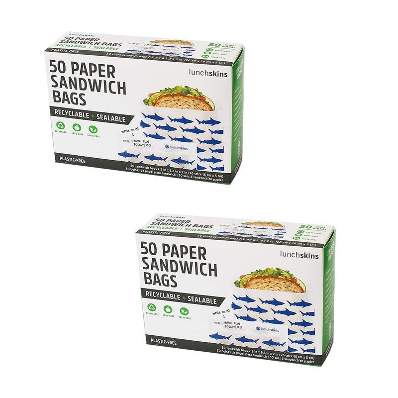 Lunchskins Recyclable & Sealable Paper Sandwich Bags â€“ 100 Count (2-Pack) | Shark Design | Eco-Friendly Grease-Resistant Glassine Snack Bags with Self-Adhesive Closure for Freshness