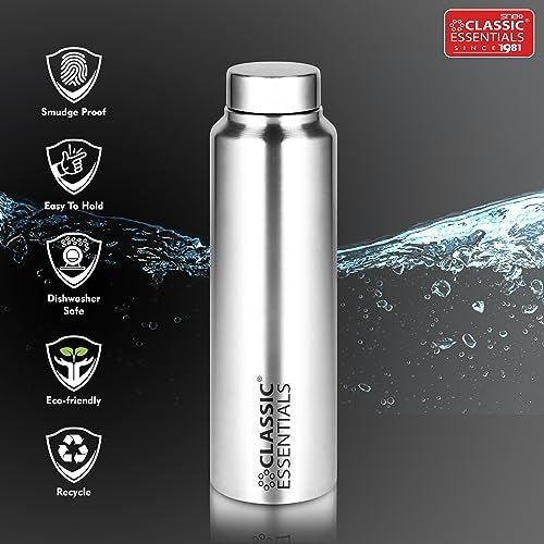 CLASSIC ESSENTIALS Spring Stainless Steel Single Walled Fridge Water Bottle (1000ml,Silver) Leakproof BPA free Lids,Great For Travel,Picnic,Camping Etc. - Image 2