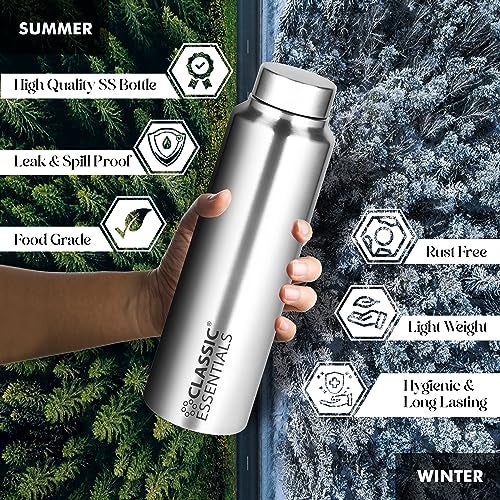 CLASSIC ESSENTIALS Spring Stainless Steel Single Walled Fridge Water Bottle (1000ml,Silver) Leakproof BPA free Lids,Great For Travel,Picnic,Camping Etc. - Image 3