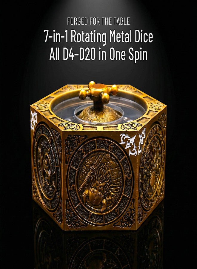 FTNNGIME مجموعة نرد معدنية دوارة 7 في 1 لألعاب تقمص الأدوار Dungeons and Dragons - قرص روليت دوار D20 علوي + أقراص جانبية متعددة الأوجه (D4 D6 D8 D10 D12 D%) - هدية ملحق ألعاب متينة (ذهبي) - Image 4