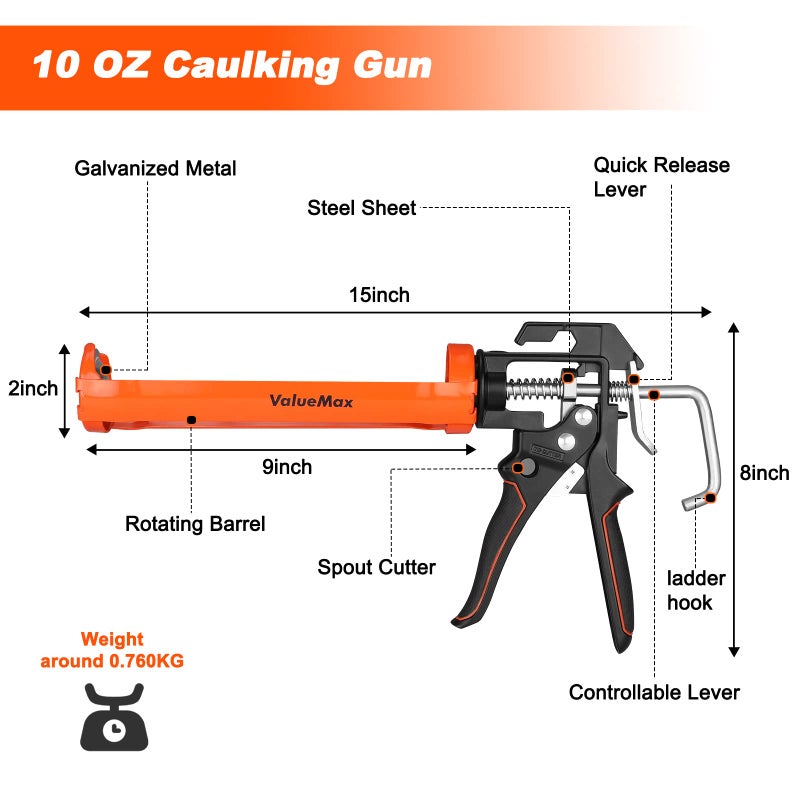 ValueMax Caulk Gun, 9 Inch Silicone Sealant Caulking Gun for Caulking/Filling/Sealing, Trigger Comfort Grip and Iron Smooth Rod, Ideal for Tiles, Window Joints, 8:1 Thrust Ratio - Image 2
