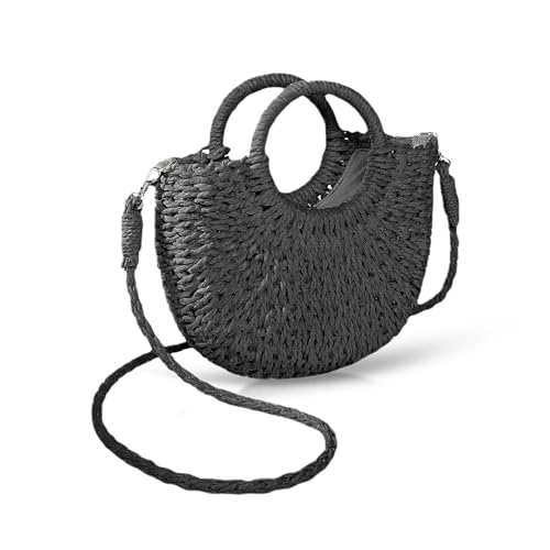 QTKJ Mini Semi-circle Rattan Straw Bag, Hand-woven Women Summer Retro Beach Tote Shoulder Bag Crossbody Travel Beach Bag (BLACK) - Image 1