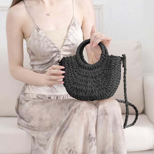 QTKJ Mini Semi-circle Rattan Straw Bag, Hand-woven Women Summer Retro Beach Tote Shoulder Bag Crossbody Travel Beach Bag (BLACK) - Image 4